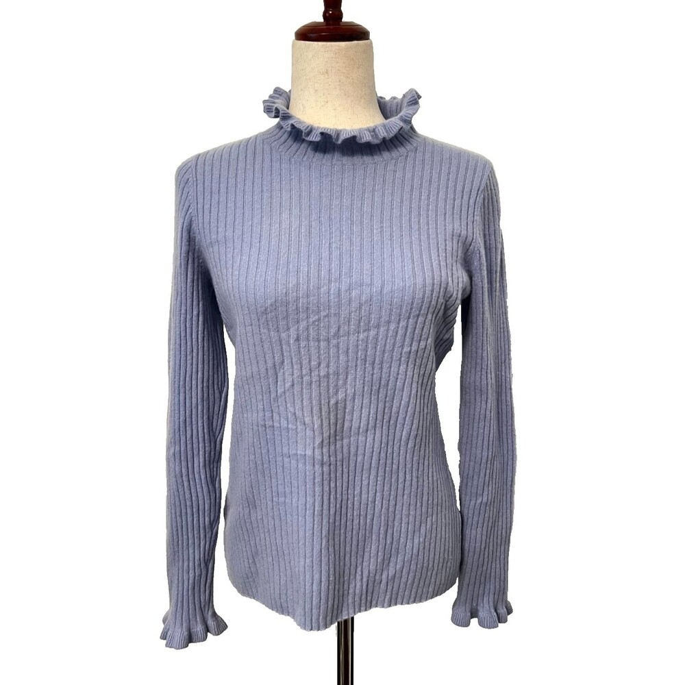 Antonio Melani Women's M 100% Cashmere Sweater Ruffle Mock Neck Periwinkle Blue